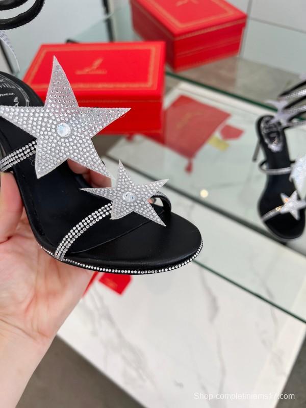 2025 Women RC Black Silver Silk Crystal High Heel Spiral Lace Sandals LY00340