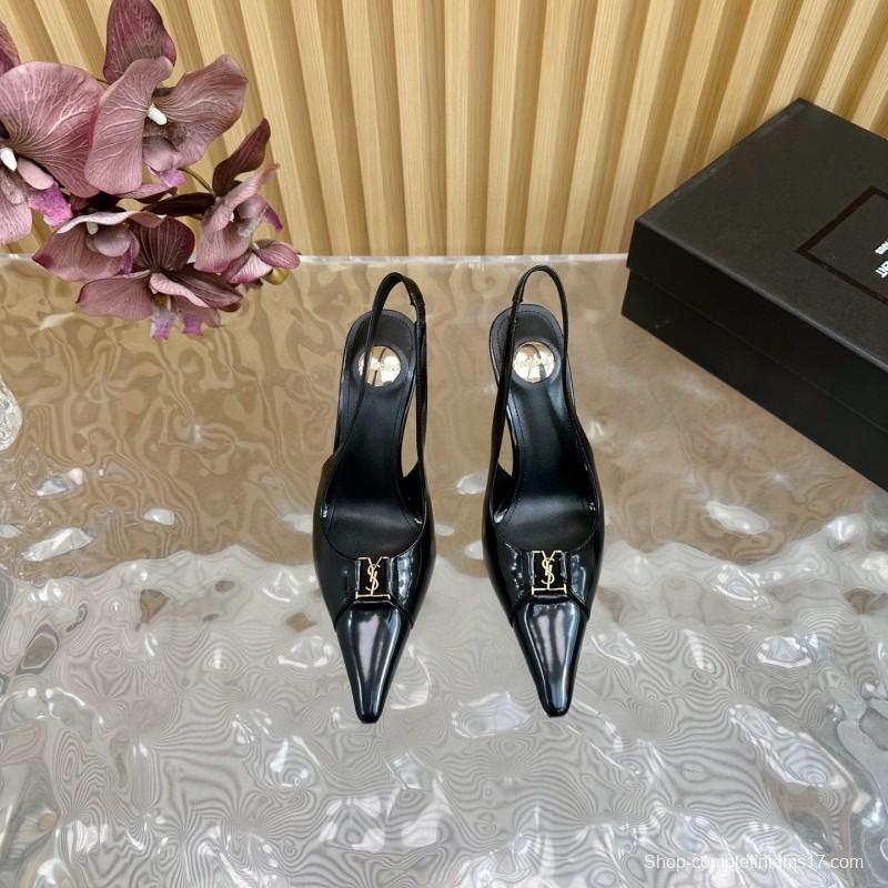 2025 Women Yves Saint Laurent Black Patent Leather Slingback Heels