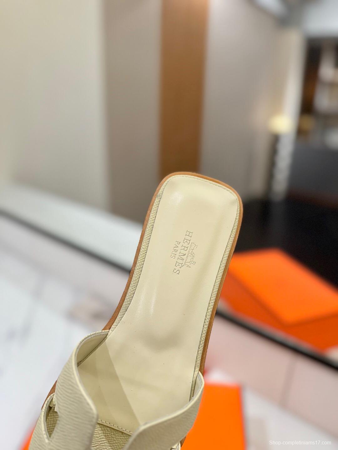 2025 Women Hermès Beige Leather Slippers