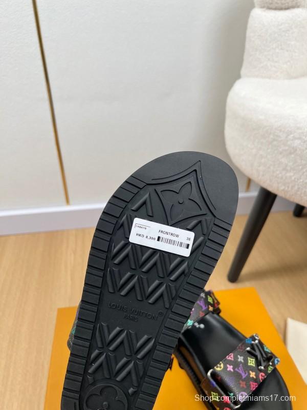 2025 Women Louis Vuitton Black Multicolor Canvas Sandals