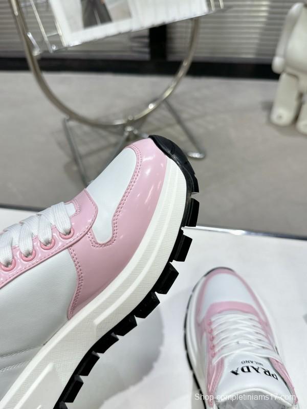 2025 Women Prada White Pink Leather Sneakers