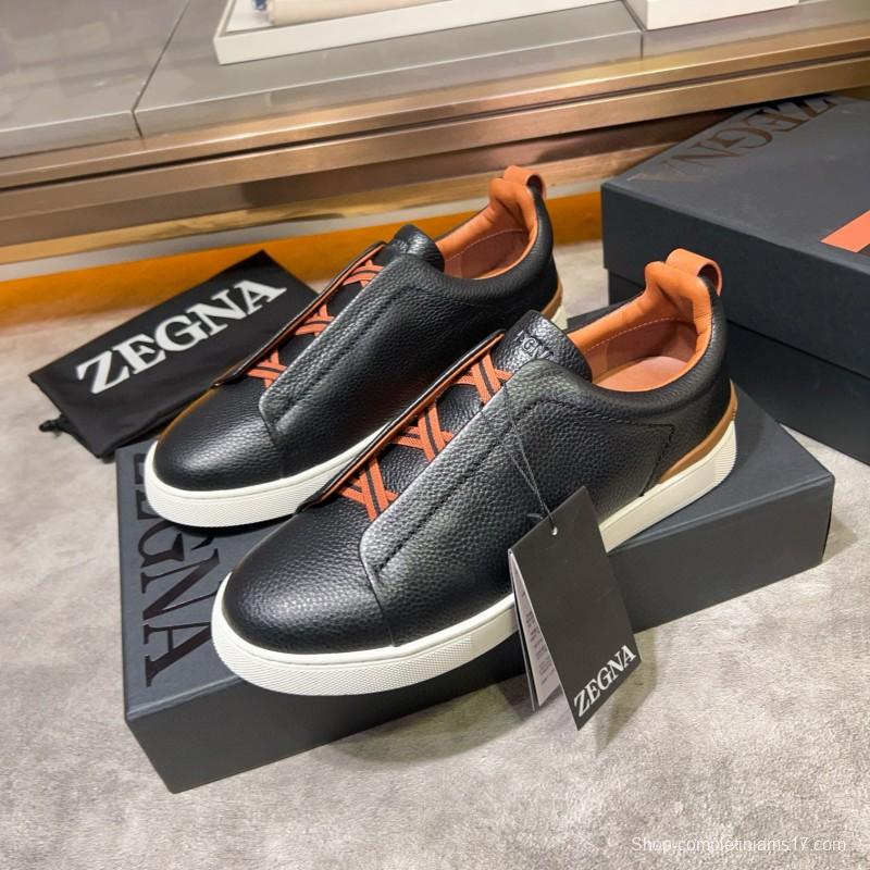 2024 Men Ermenegildo Zegna Black Brown Leather Sneakers MJ00280