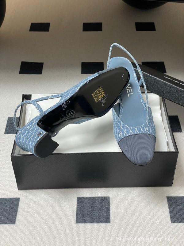 2025 Women Chanel Light Blue Denim Leather Sling-back Heels