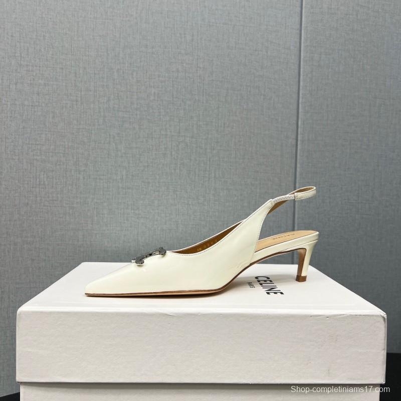2025 Women Celine White Patent Leather Kitten Heel Pointed Toe Trimed KFY00290