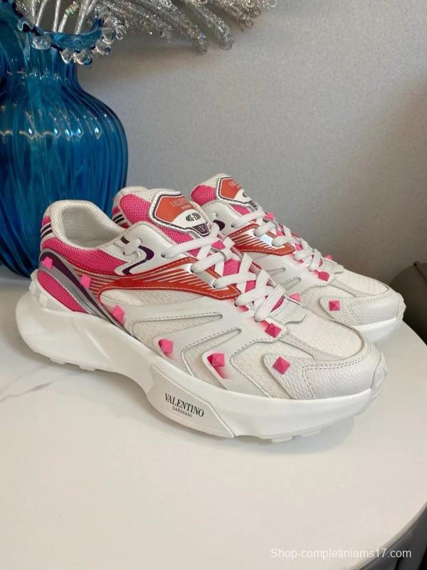 2024 Unisex Valentino White Pink Mesh Leather Sneakers MJ00410