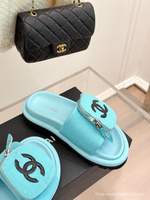 2025 Slippers Chanel Blue Fabric Slippers KFY00220