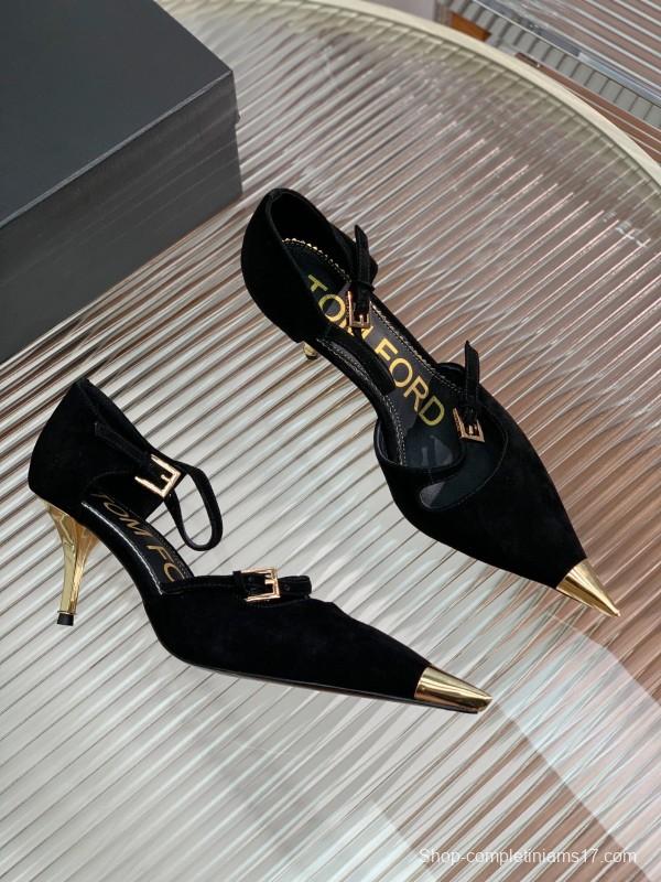 2025 Women TOM FORD Black Gold Suede Leather Pointed Pumps KFY00320