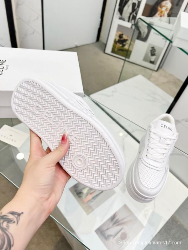 2025 Women Celine White Leather Platform Sneakers Embossed KFY00270