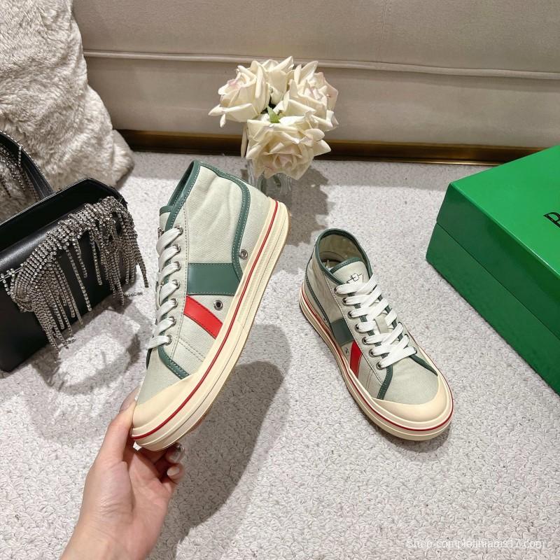 2025 Unisex Bottega Veneta Green Red Canvas Leather Sneakers Hand Painted LY00