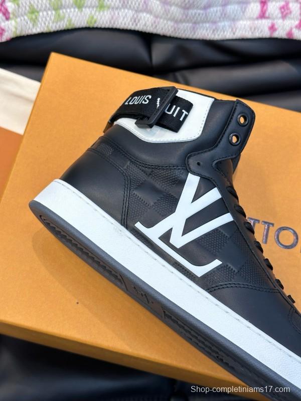 2024 Men Louis Vuitton Black White Leather High-Top Sneakers MJ00420