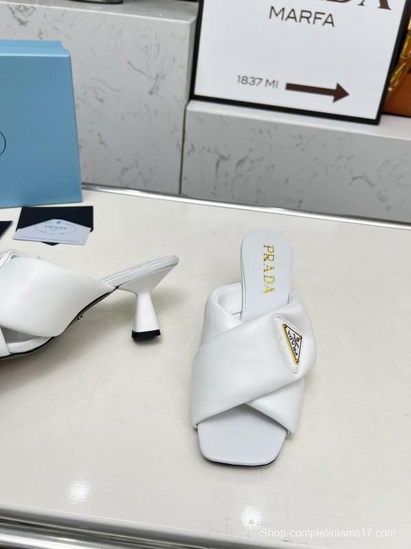 2025 Women Prada White Calf Leather Heeled Slide LY00270