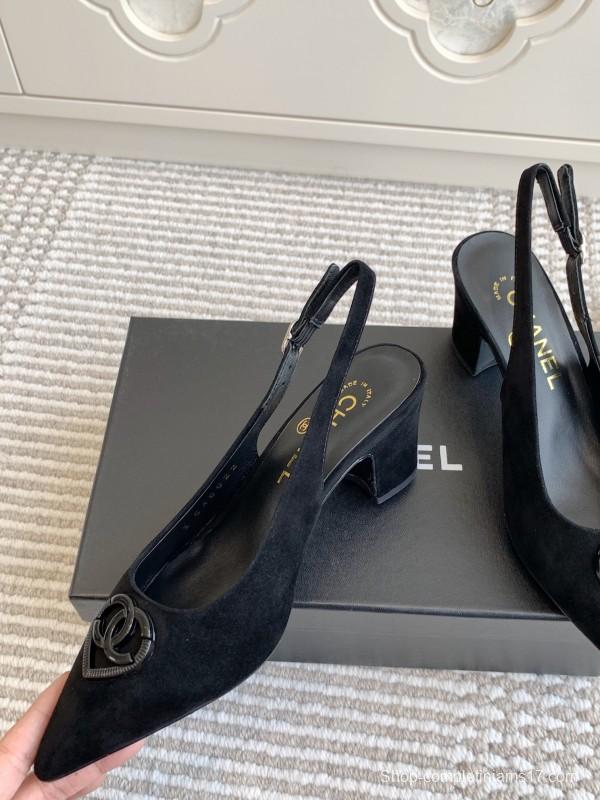 2025 Women Chanel Black Suede Slingback Heels CC Logo KFY00300