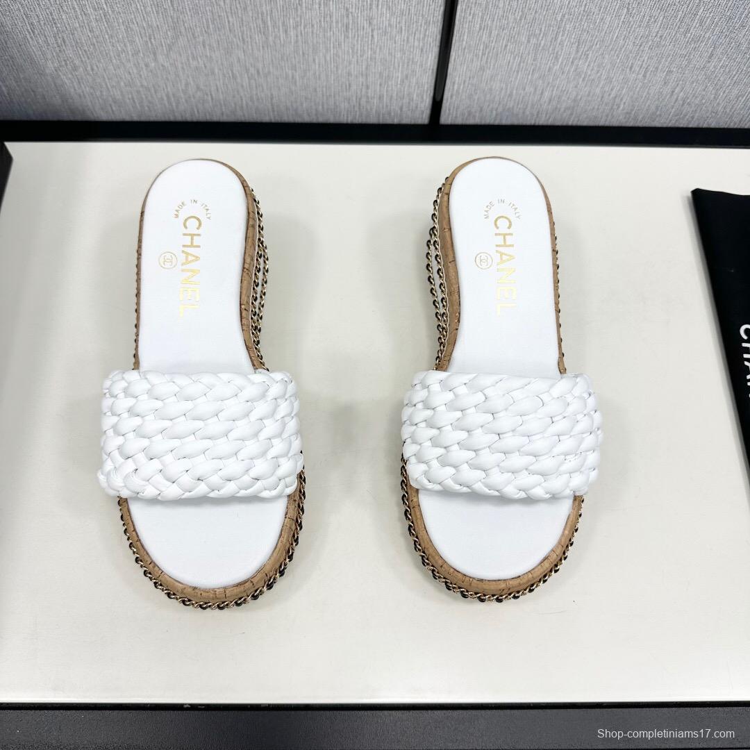 2025 Women Chanel White Leather Wedge Sandals