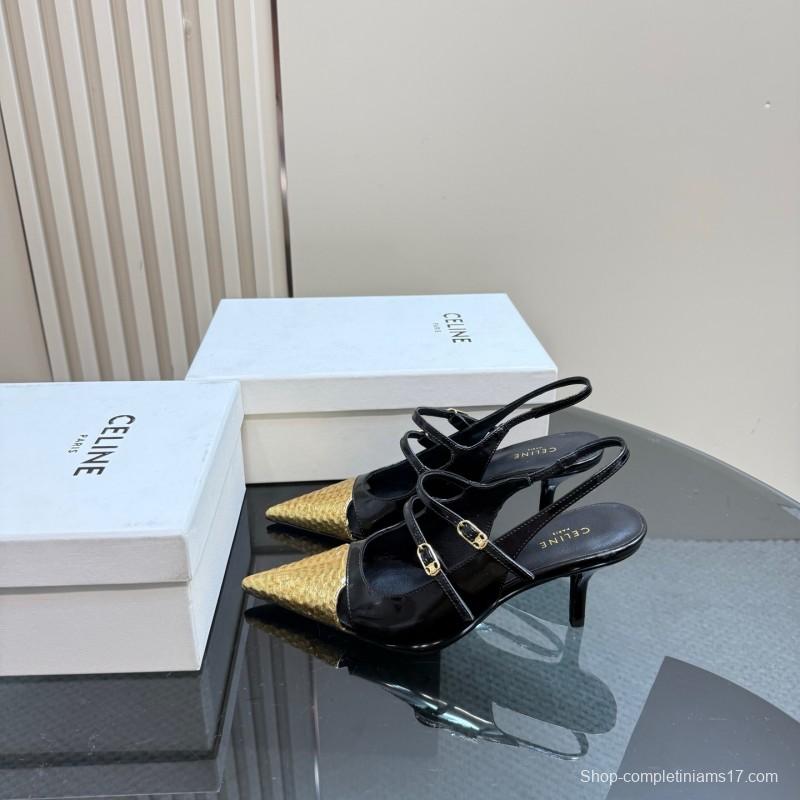 2025 Women CELIN* Black Gold Leather Pointed Toe Slingback Heels