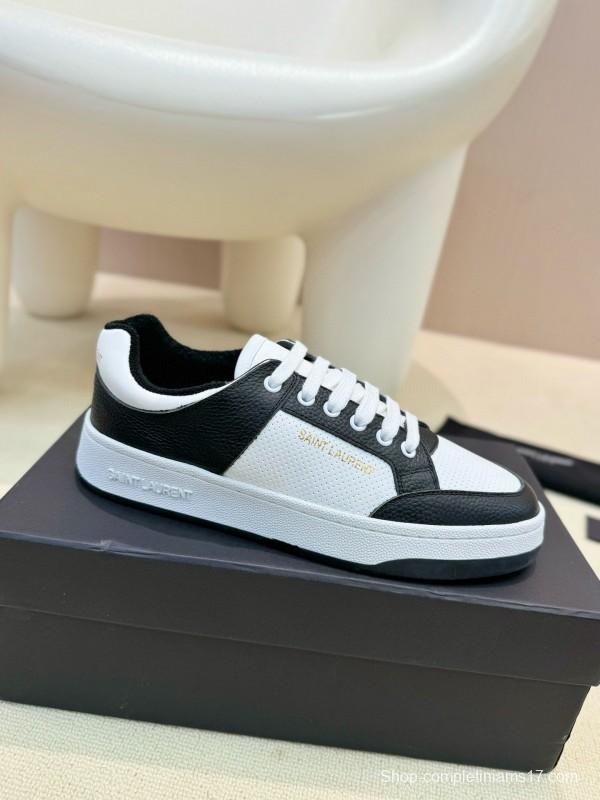 2024 Unisex Yves Saint Laurent Black White Silk Leather Sneakers MJ00350