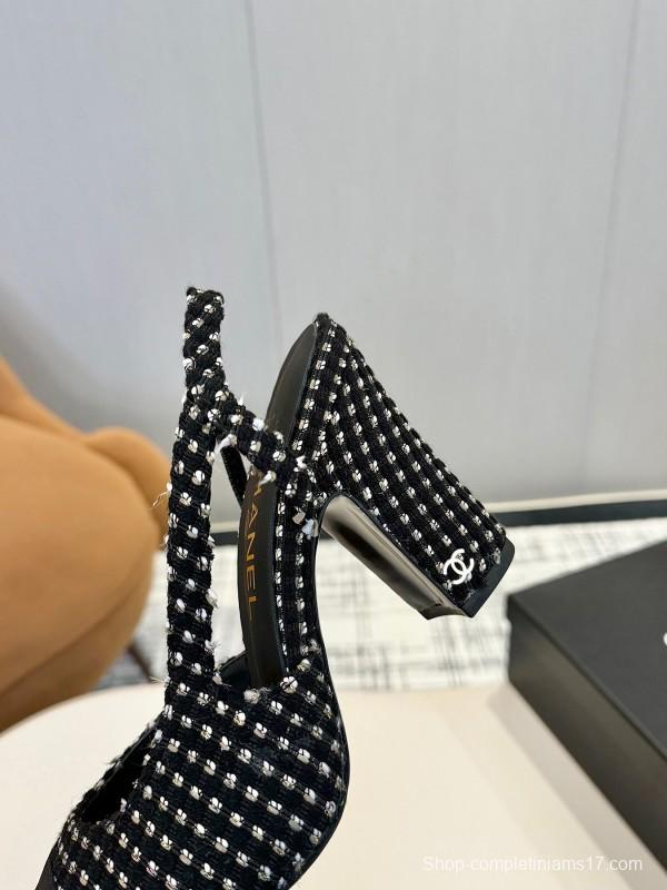2025 Women Chanel Black White Tweed Leather Slingback Pumps