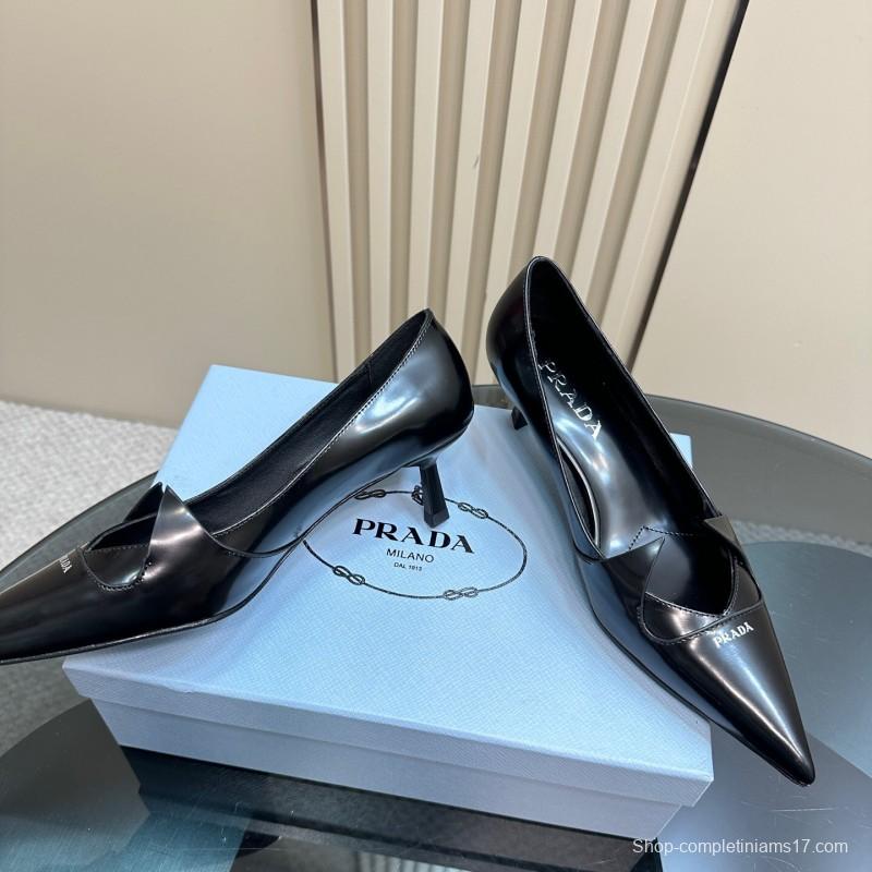 2025 Women Prada Black Leather Heels KFY00310