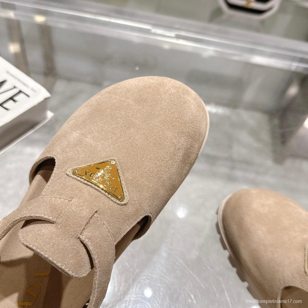 2025 Women Prada Beige Suede Slingback Flat LY00270