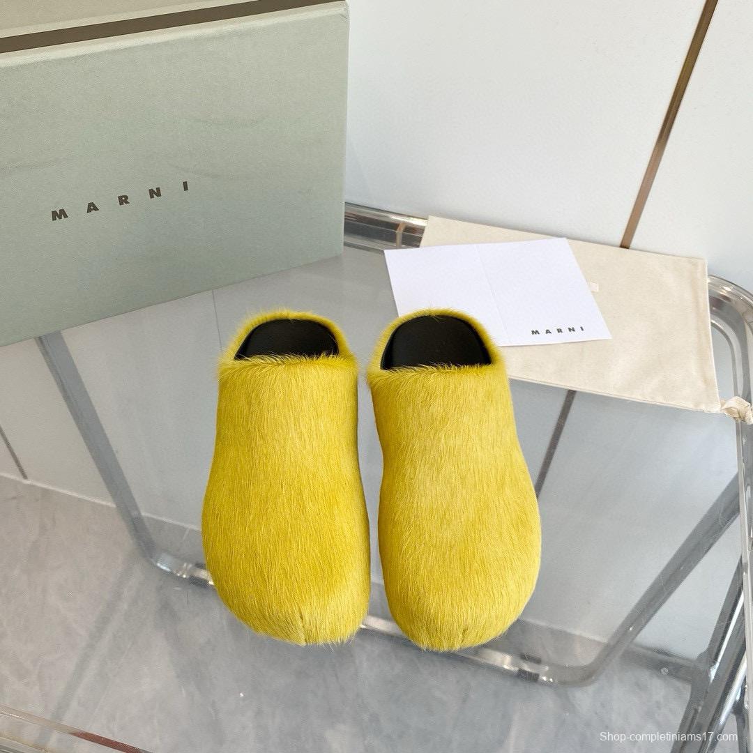 2024 Unisex Marni Yellow Horsehair Leather Mules MJ00320
