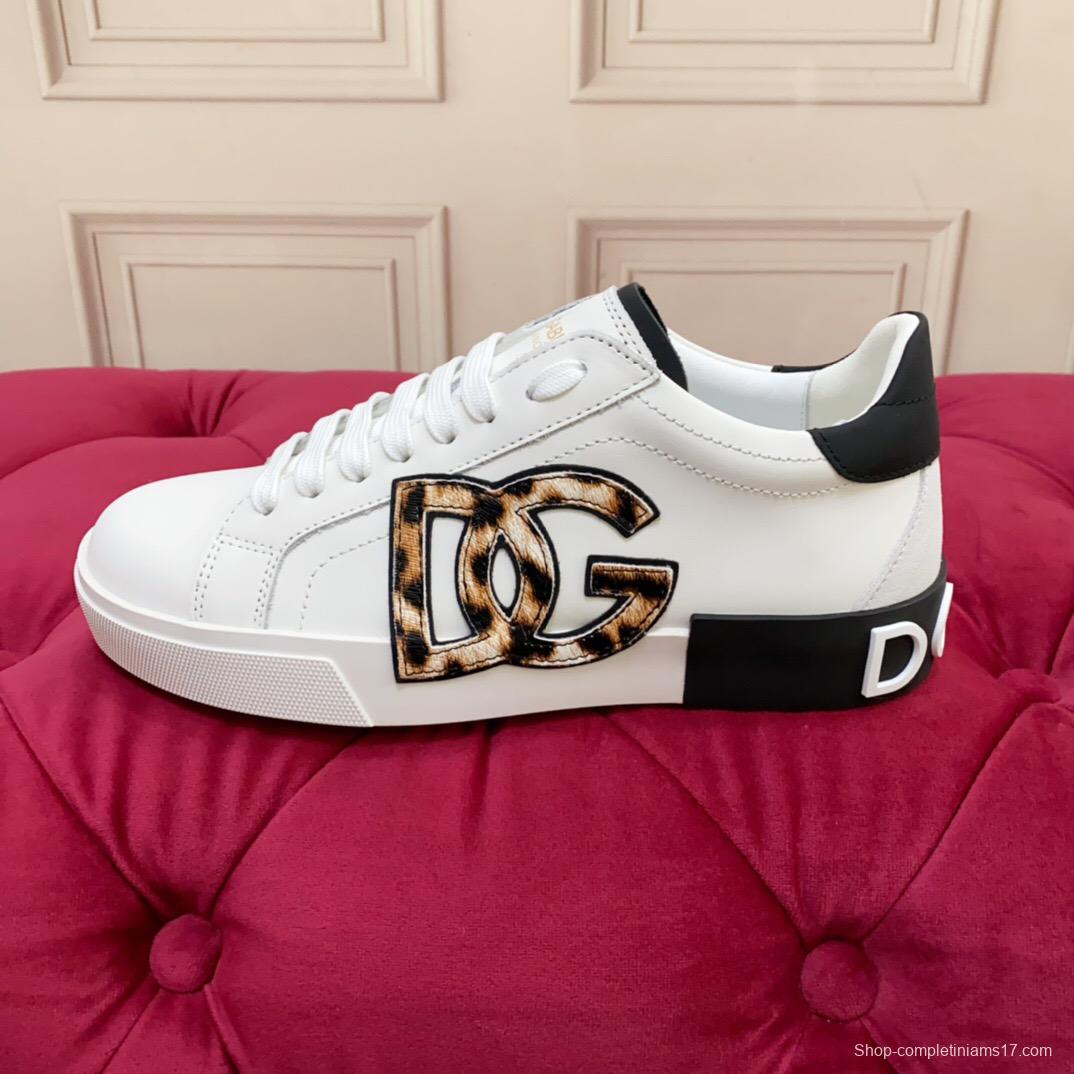 2025 Women Dolce & Gabbana White Leopard Print Leather Sneakers LY00300