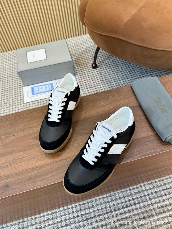 2025 Unisex TOM FORD Black White Leather Suede Sneakers Classic Contrasting LY00360