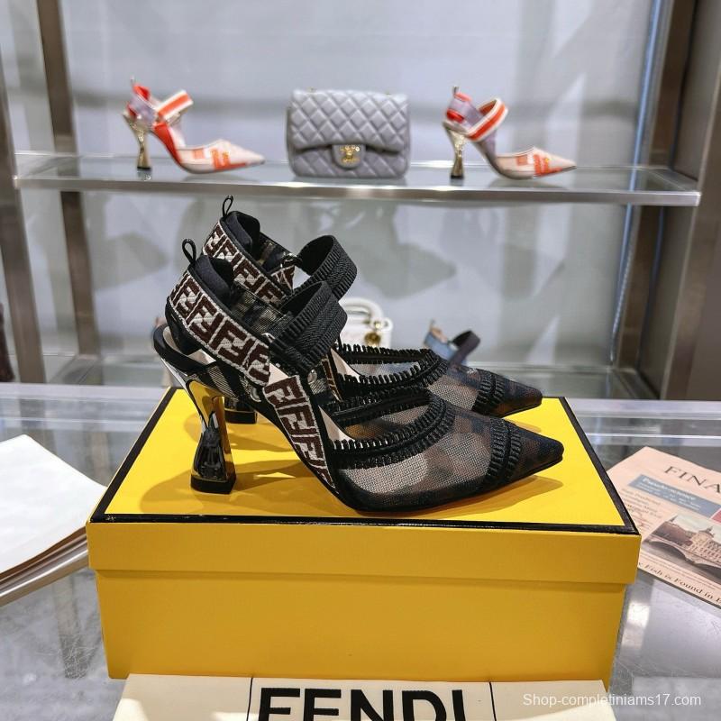2025 Women Fendi Black Beige Mesh Leather Heels MJ00280