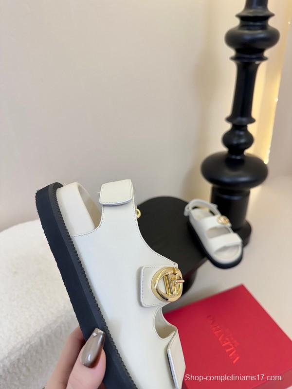 2025 Women Valentino White Leather Sandals V Buckle KFY00320