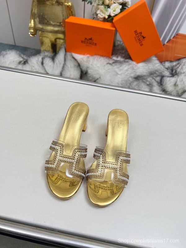 2025 Hermès Gold Leather Slippers MJ00180
