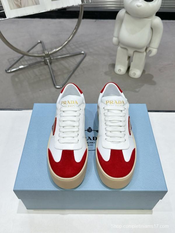2025 Women Prada White Red Suede Leather Sneakers