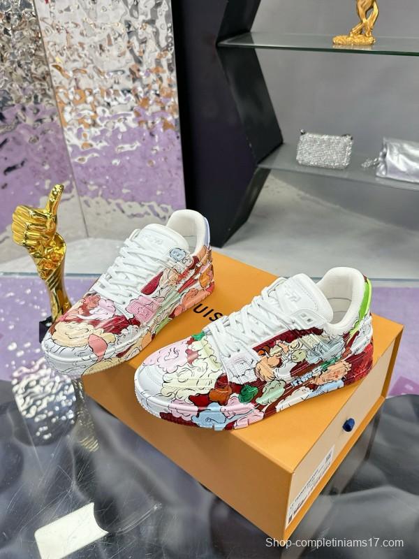 2024 Unisex Louis Vuitton White Pink Red Leather Canvas Sneakers Collaboration MJ00780