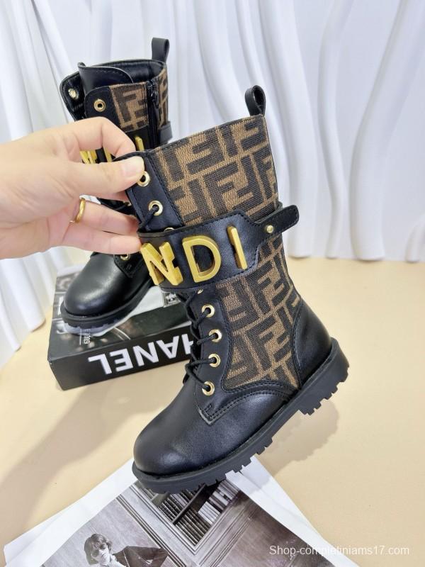 2024 Kids Fendi Black Brown Leather Fabric Boots