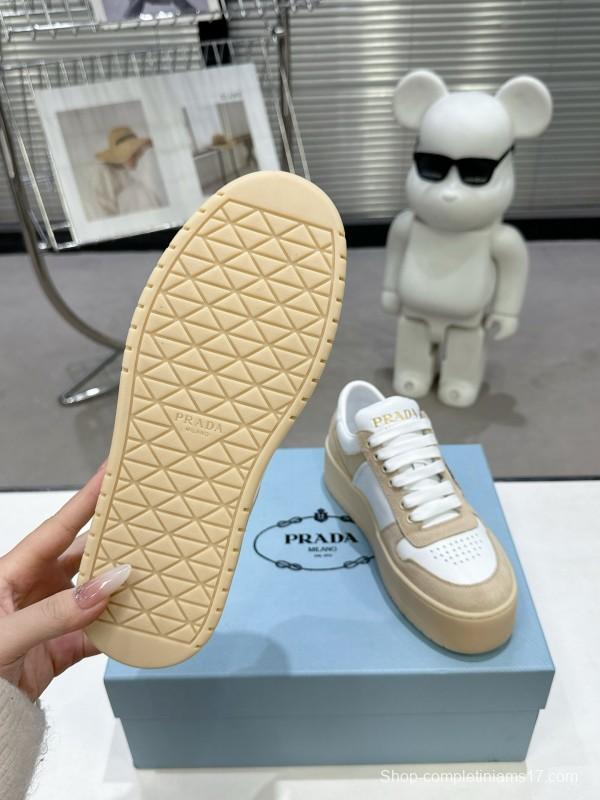 2025 Women Prada White Beige Leather Sneakers