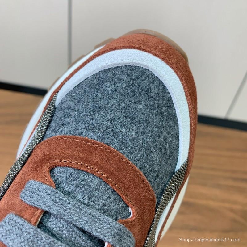 2025 Unisex Brunello Cucinelli Grey Brown White Suede Fabric Sneakers LY