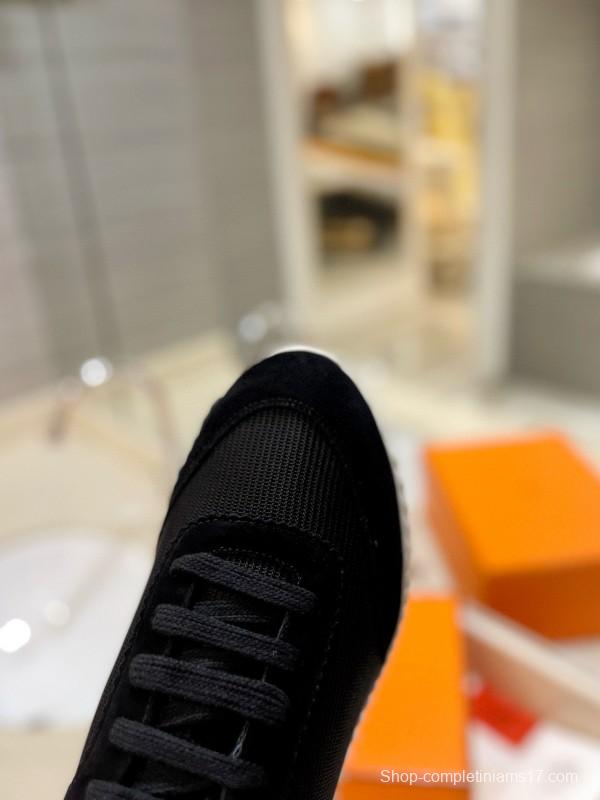 2024 Unisex Hermès Black Imported Silk Calfskin Raincloth Casual Sneakers MJ00320