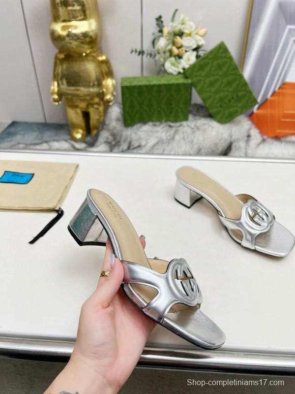 2025 Gucci Silver Leather Slippers MJ00190