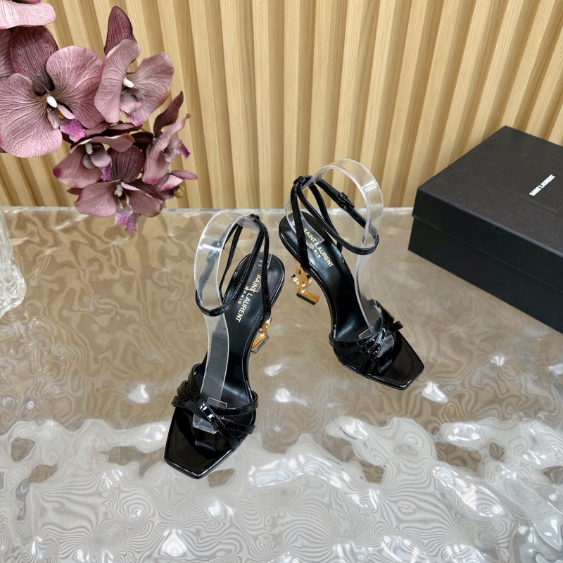 2025 Women Yves Saint Laurent Black Patent Leather High Heel Sandals Metal Logo MJ00310