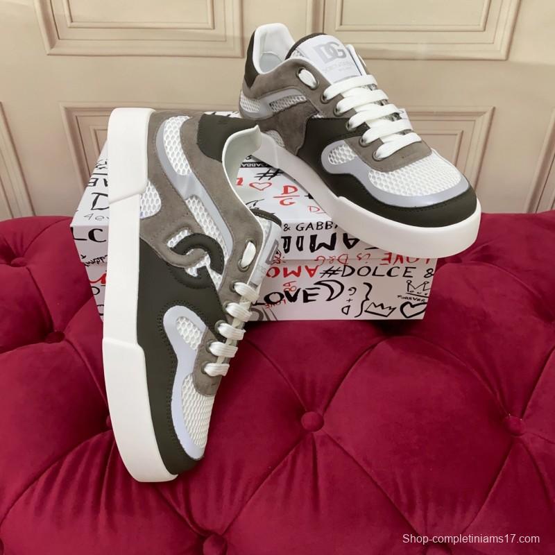2025 Unisex Dolce & Gabbana White Grey Black Leather Mesh Sneakers
