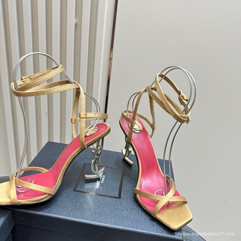 2025 Women Yves Saint Laurent Light Brown Satin High Heel Sandals