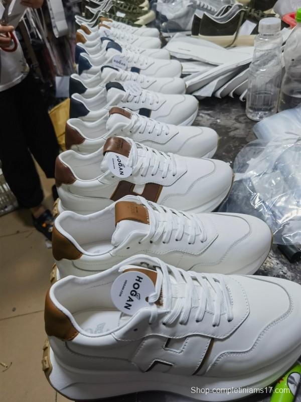 2025 Unisex HOGAN White Blue Brown Leather Sneakers H-STRIPES LY00360(F)/LY00370(M)