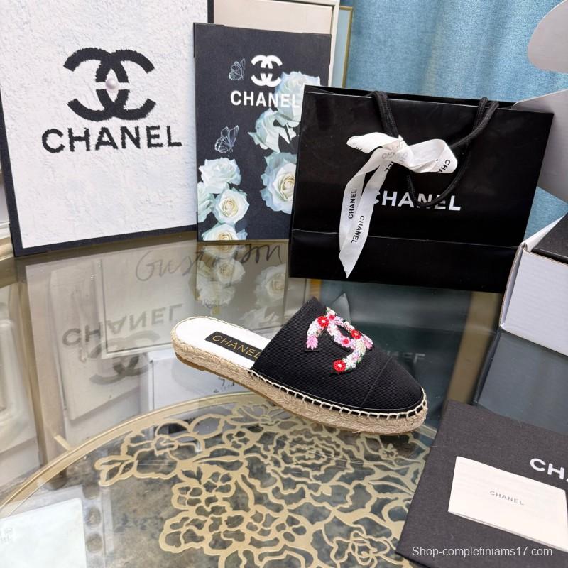 2025 Women Chanel Black Canvas Espadrille Sequins Mule