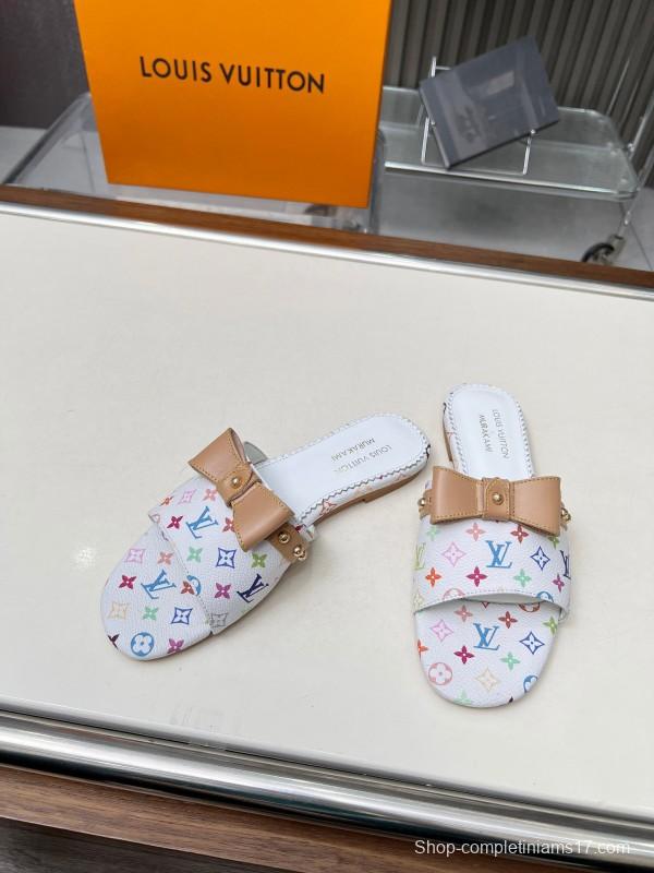 2025 Women Louis Vuitton White Multicolor Leather Slippers Monogram LY00200