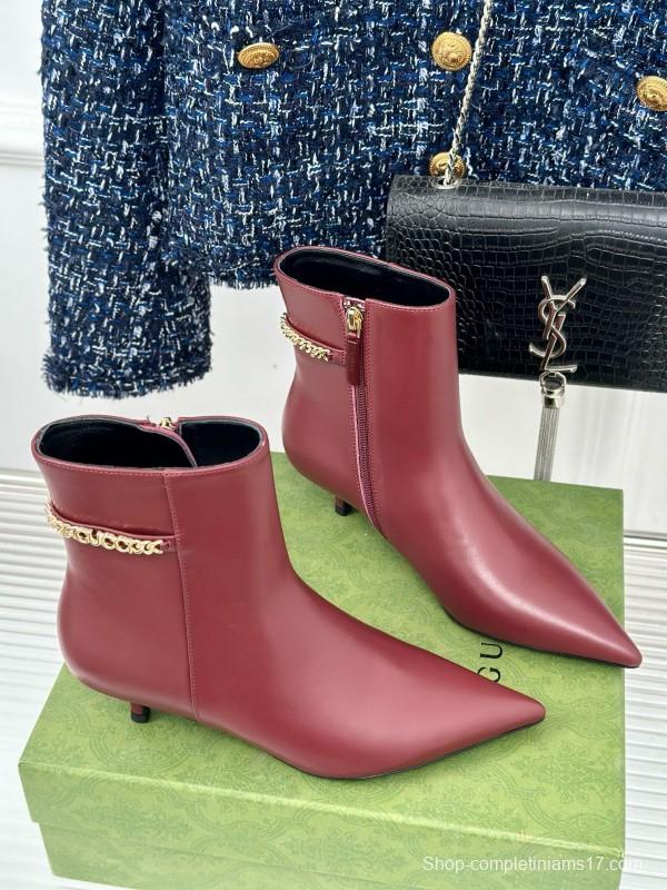 2024 Women Gucci Burgundy Leather Ankle Boots Chain MJ00410