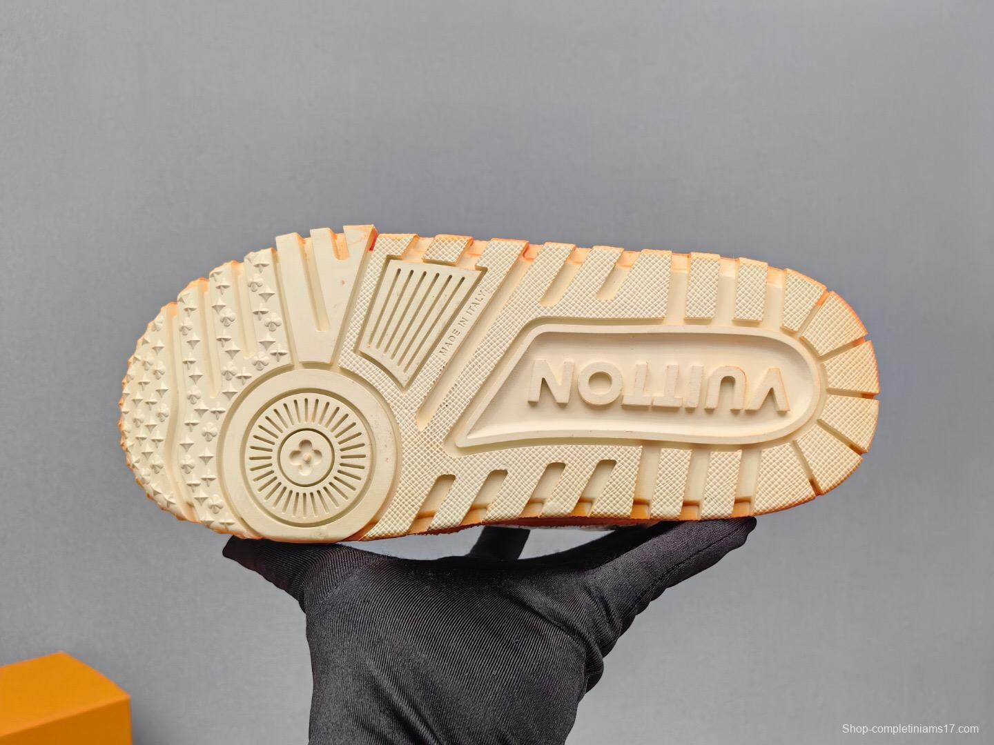 2025 Unisex Louis Vuitton Orange White Denim Leather Plimsolls Complex Wash KFY00510