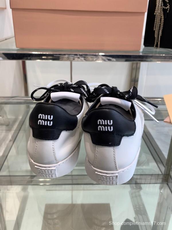 2025 Women Miu Miu White Black Leather Sneakers LY00290