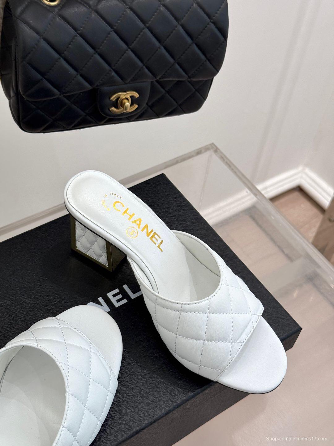 2025 Women Chanel White Lambskin Quilted Heeled Slippers