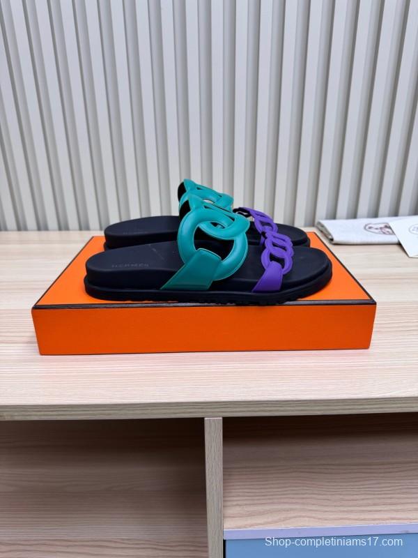2025 Slippers Hermès Green Purple Rubber Casual LY00360