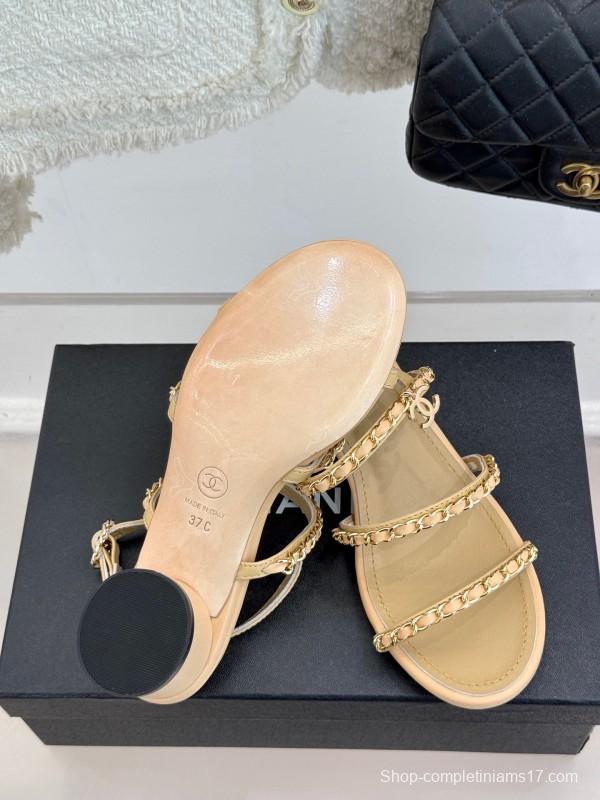 2025 Women Chanel Beige Lambskin Chain Strap Block Heel Sandals