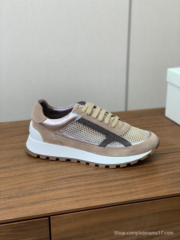 2025 Unisex Brunello Cucinelli Beige Black Mesh Suede Sneakers