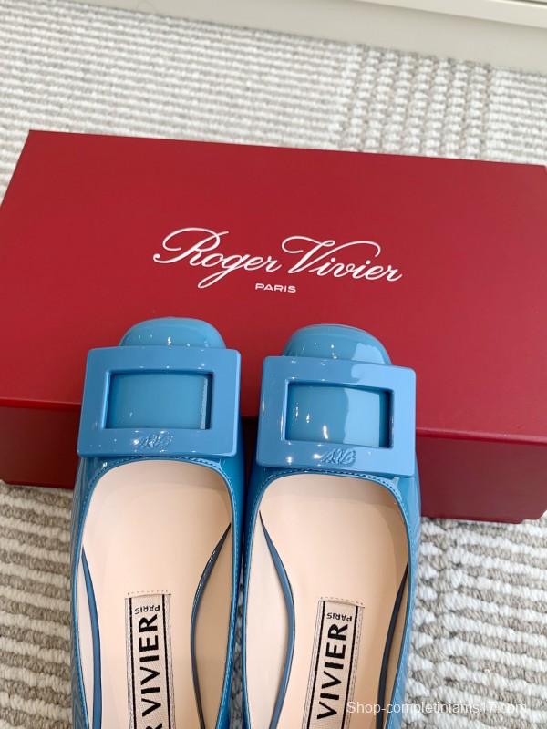 2025 Women Roger Vivier Blue Patent Leather Ballet Flat Square Buckle KFY00310