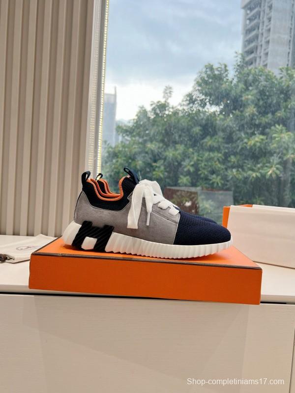 2024 Unisex Hermès blue grey orange knit leather sneakers